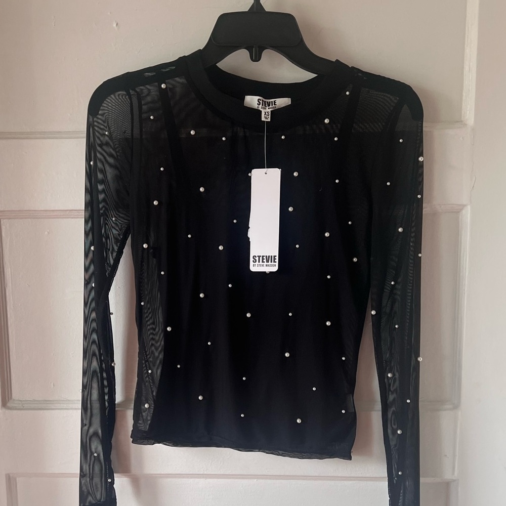 Steve Madden Black Sheer Blouse with Pearl Accents